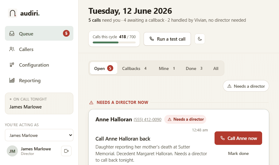 The Audiri director console — a single queue of the night's calls, each showing the caller, a summary, a status, and which director is handling it.