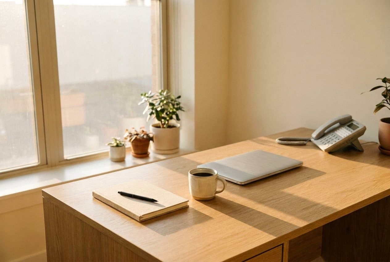 A tidy desk in first light — closed laptop, coffee, and the desk phone, everything in order.